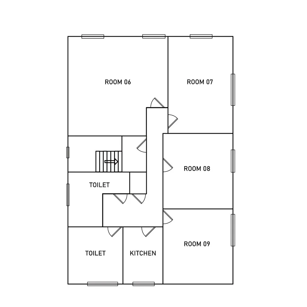 First floor plan: Rooms 6 to 9, kitchen and toilets