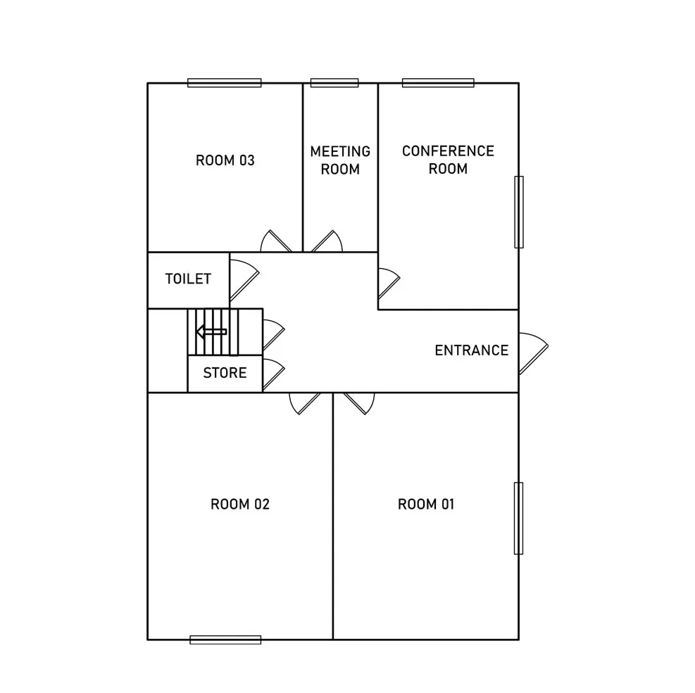 Ground floor plan: Rooms 1 to 3, meeting room, conference room and entrance
